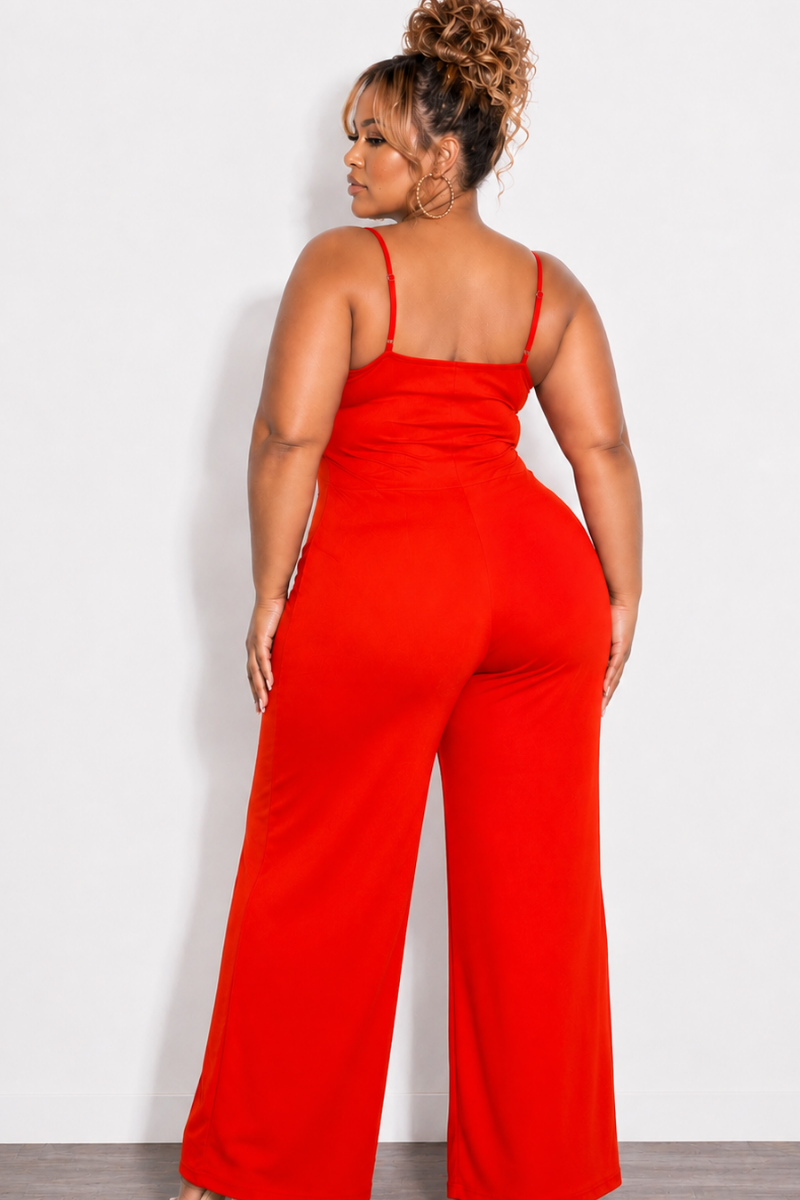 Final Sale Plus Size Spaghetti Strap Jumpsuit with Gold Button Detail in Tomato Red