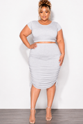 Final Sale Plus Size 2pc Crop Top and Ruched Skirt Set in Grey