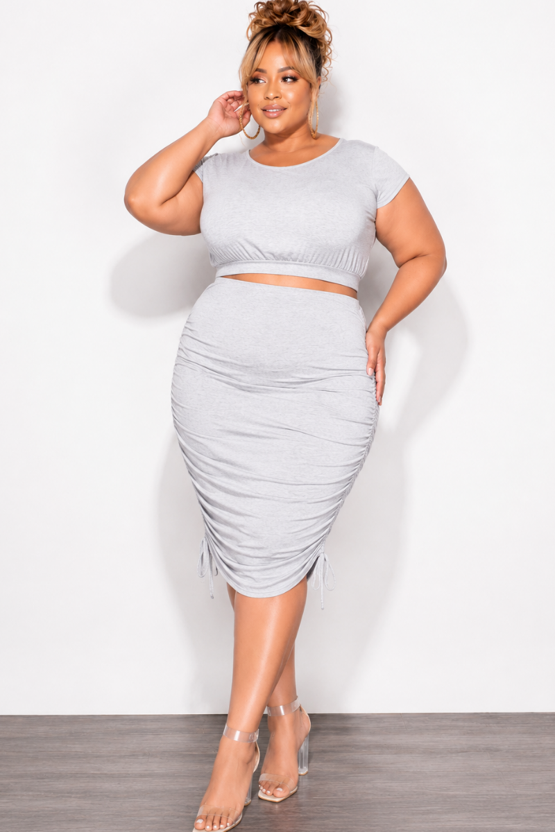 Final Sale Plus Size 2pc Crop Top and Ruched Skirt Set in Grey