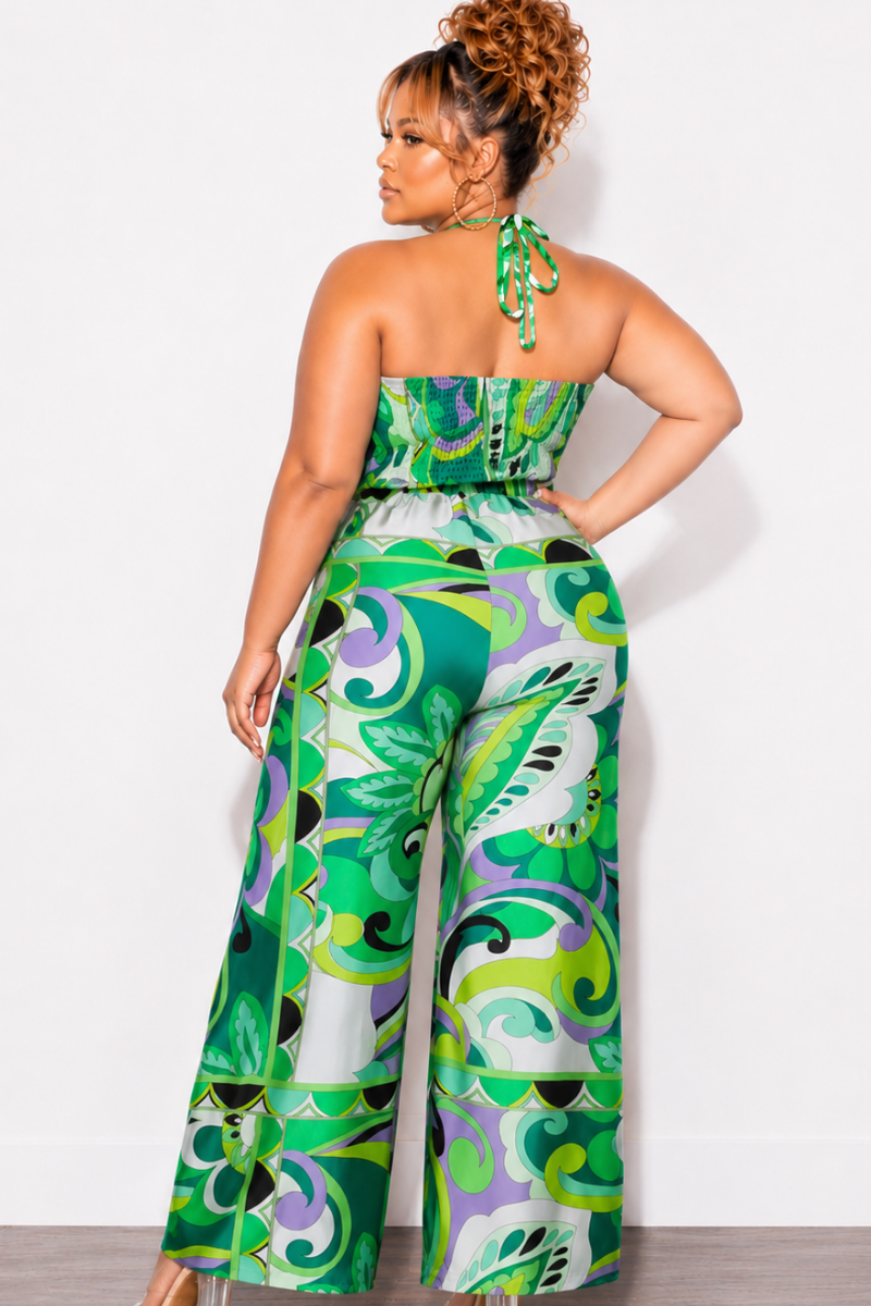 Final Sale Plus Size 2pc Satin Halter Bra Top and Palazzo Pants in Multi Color Green Design Print