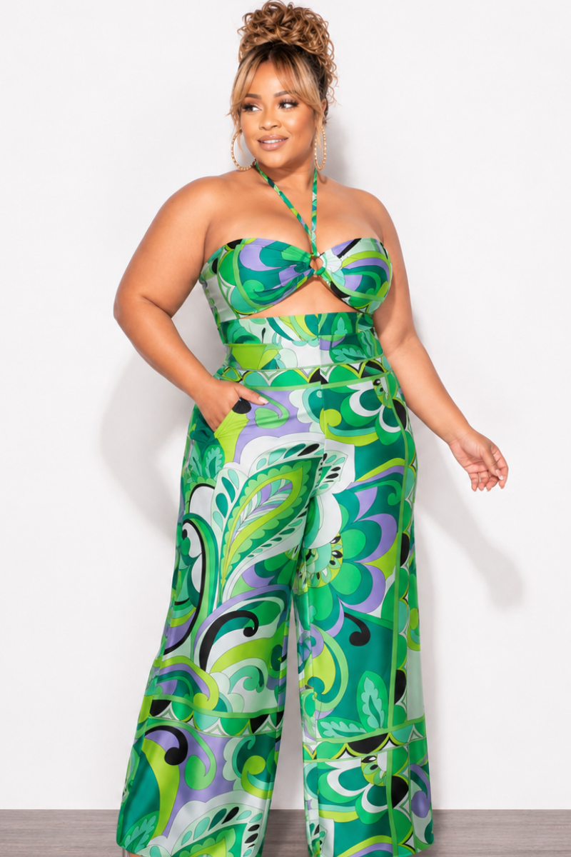 Final Sale Plus Size 2pc Satin Halter Bra Top and Palazzo Pants in Multi Color Green Design Print