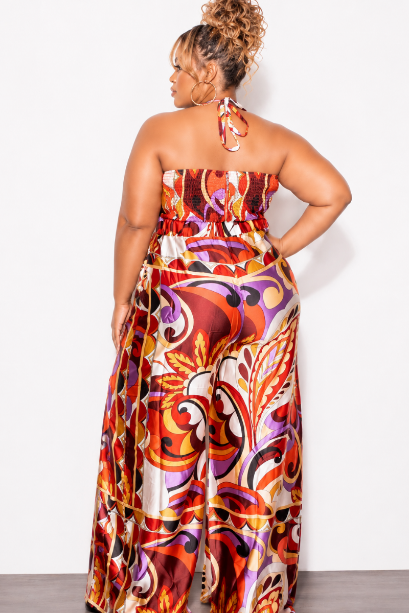 Final Sale Plus Size 2pc Satin Halter Bra Top and Palazzo  Pants in Multi Color Red Design Print