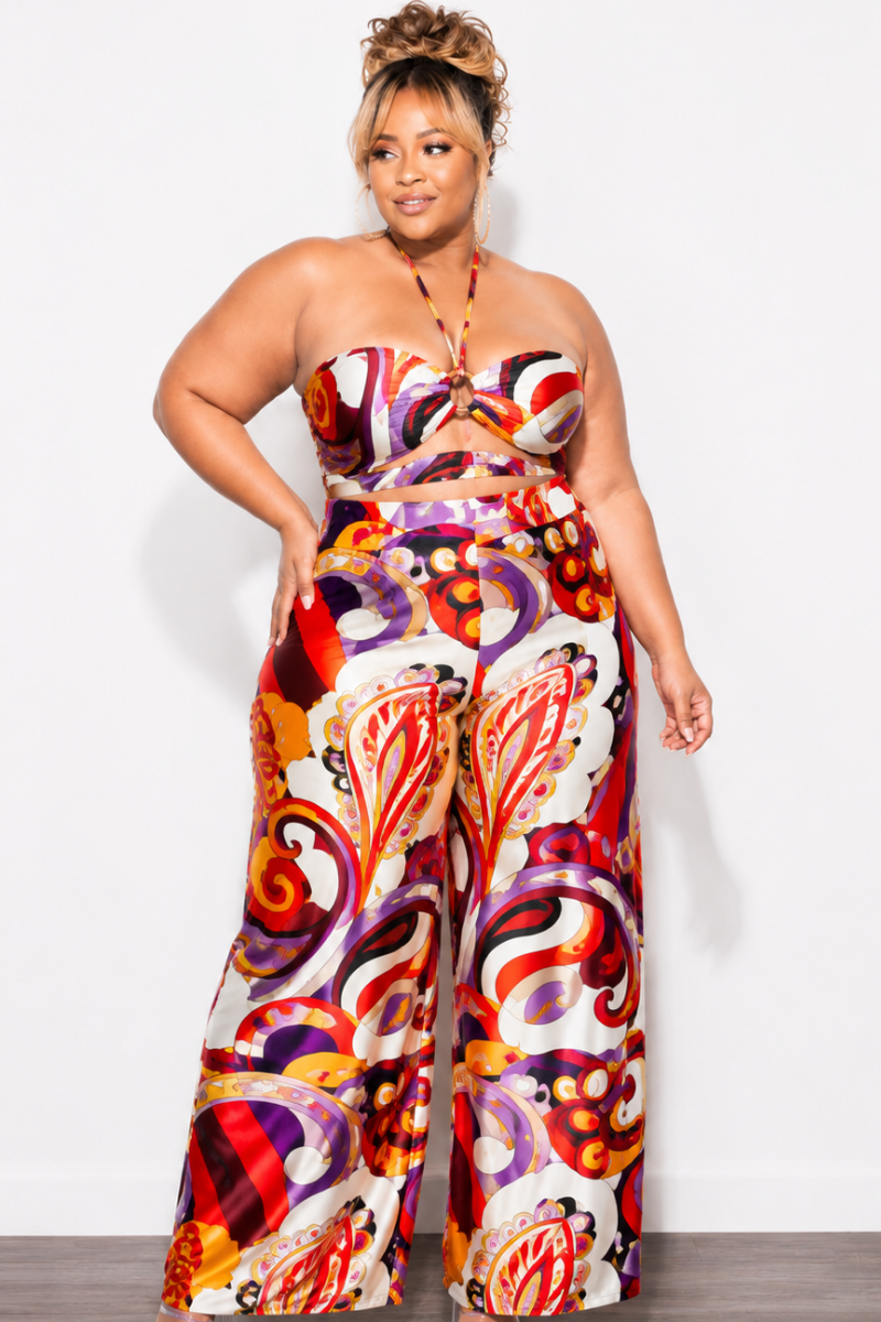 Final Sale Plus Size 2pc Satin Halter Bra Top and Palazzo  Pants in Multi Color Red Design Print