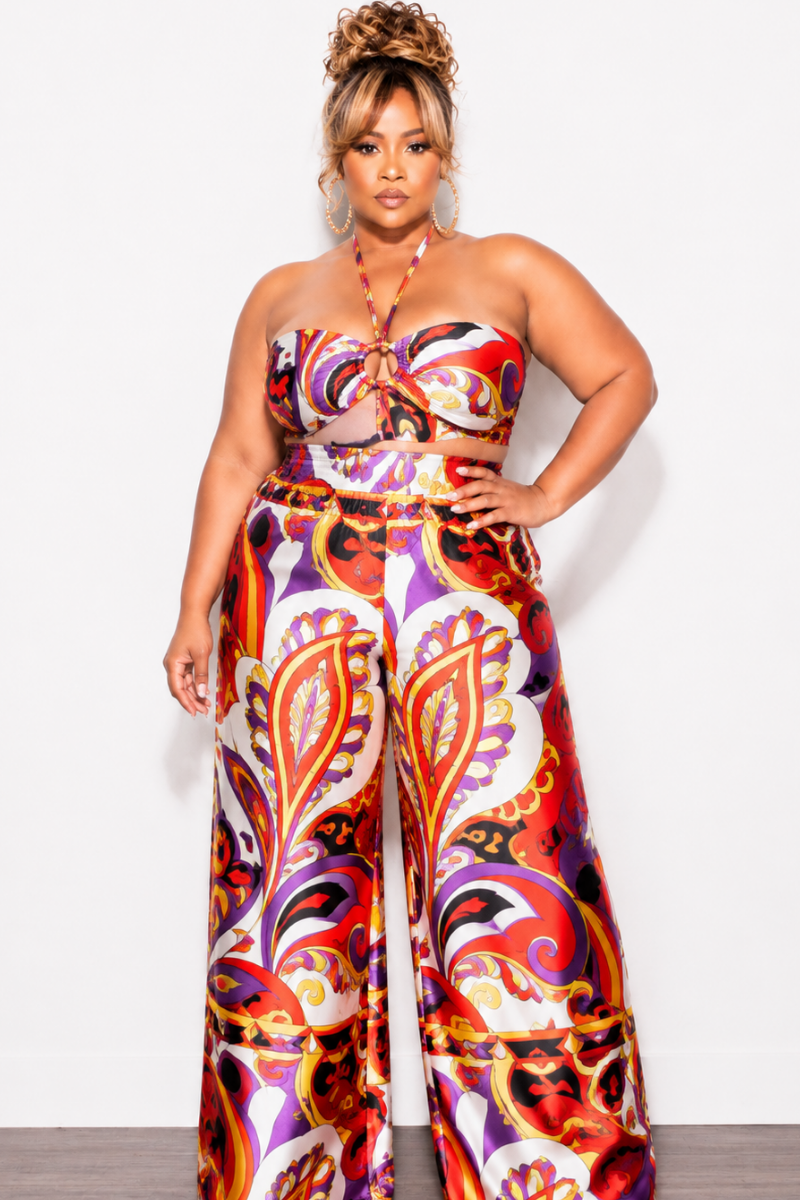 Final Sale Plus Size 2pc Satin Halter Bra Top and Palazzo  Pants in Multi Color Red Design Print