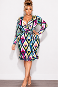 Final Sale Plus Size Faux Wrap BodyCon with Waist Tie and Bottom Ruffle in Multi Color Triangle Print