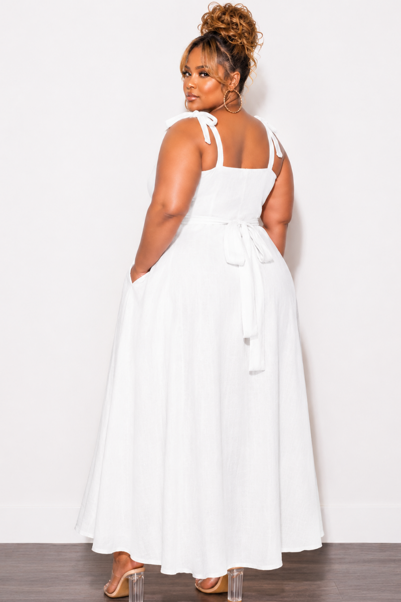 Final Sale Plus Size Self Tie Strap Light Weight  Linen Blend Dress in Off White