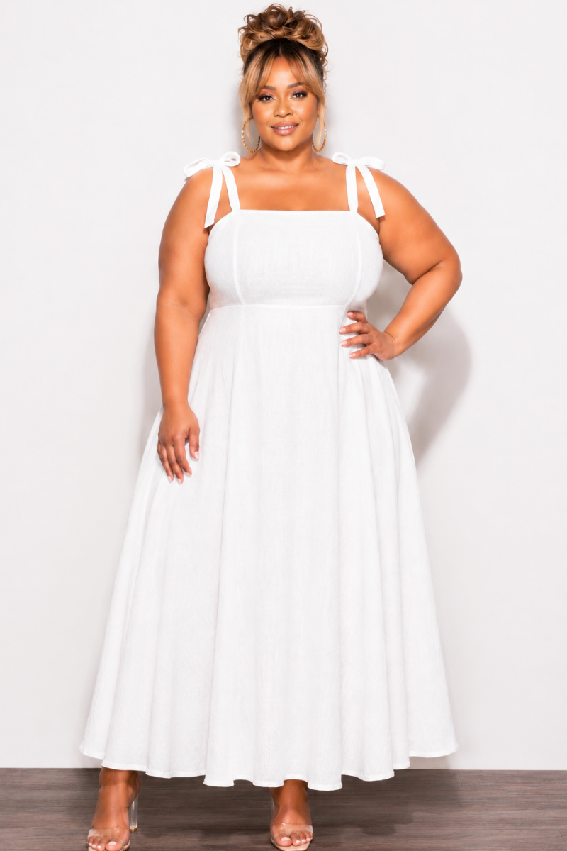 Final Sale Plus Size Self Tie Strap Light Weight  Linen Blend Dress in Off White