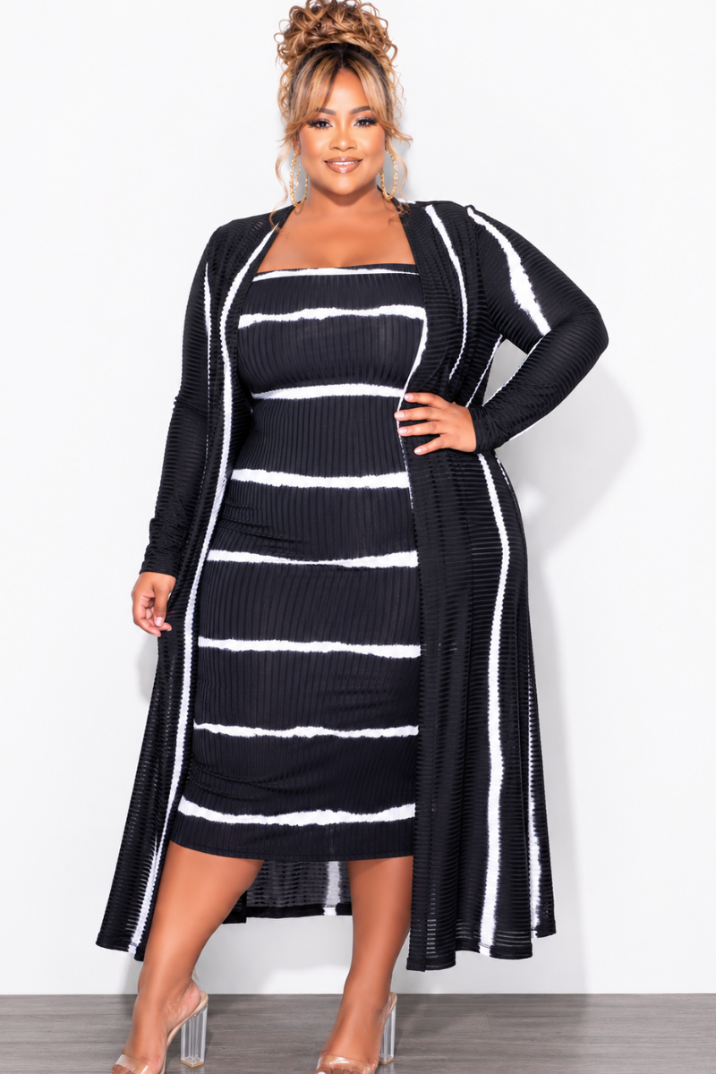 Final Sale Plus Size Ribbed 2pc Set Tube Dress With Duster in Black and Ivory Tie Dye Print