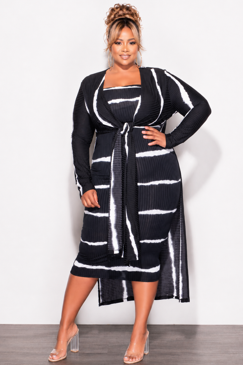 Final Sale Plus Size Ribbed 2pc Set Tube Dress With Duster in Black and Ivory Tie Dye Print