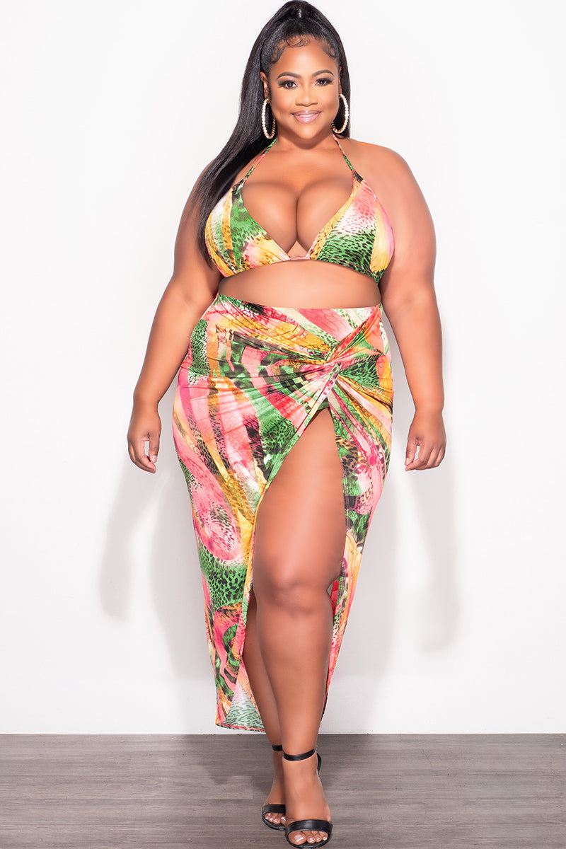 Final Sale Plus Size 3pc Set Bikini Top, Briefs & Skirt in Pink Green and Yellow Print Summer