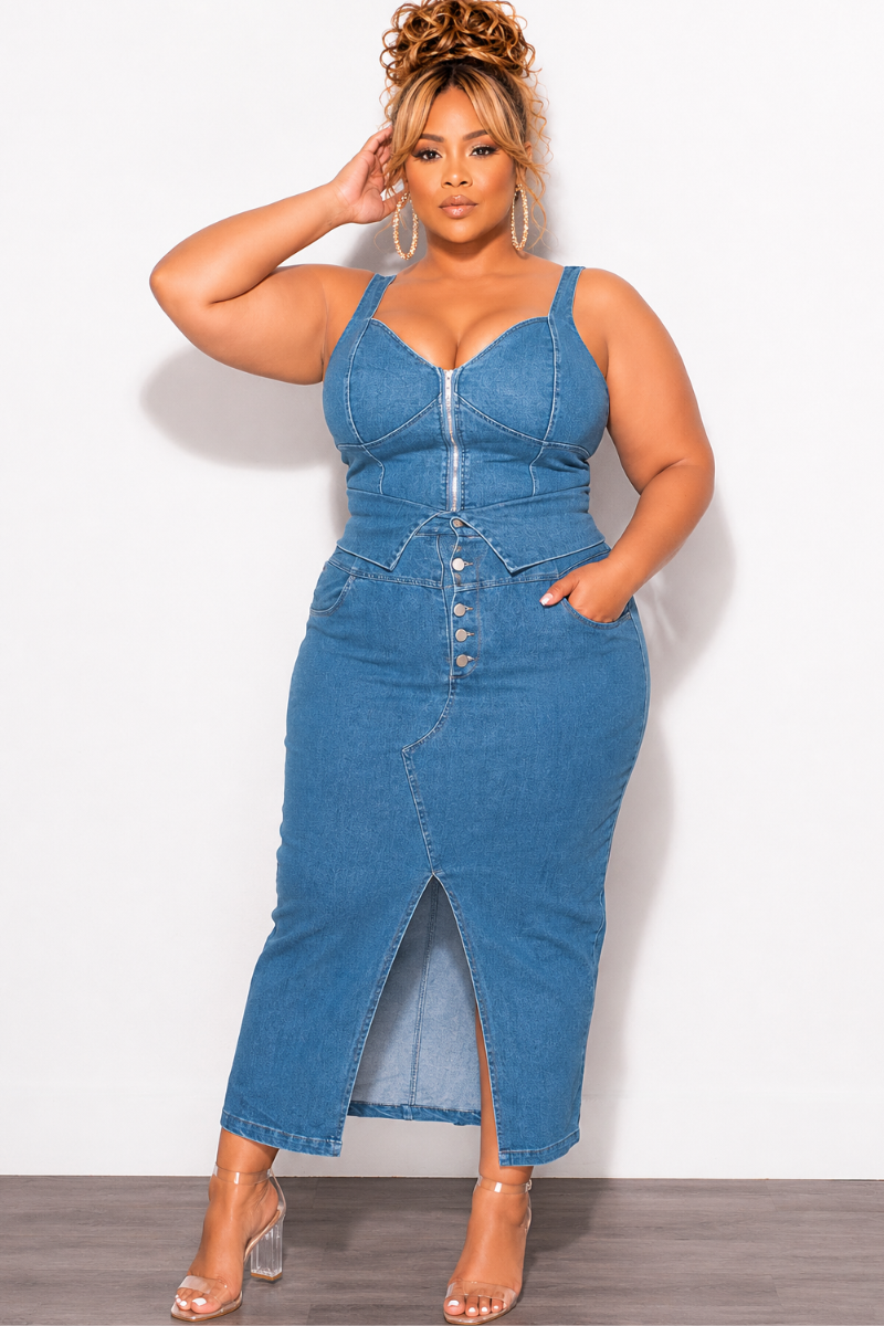 Final Sale Plus Size 2pc Set Tank Top and Skirt In Blue Denim