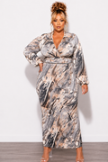 Final Sale Plus Size 2pc Long Sleeve Faux Wrap Collar Crop Tie Top and Skirt Set in Grey & Tan Multi Color Print