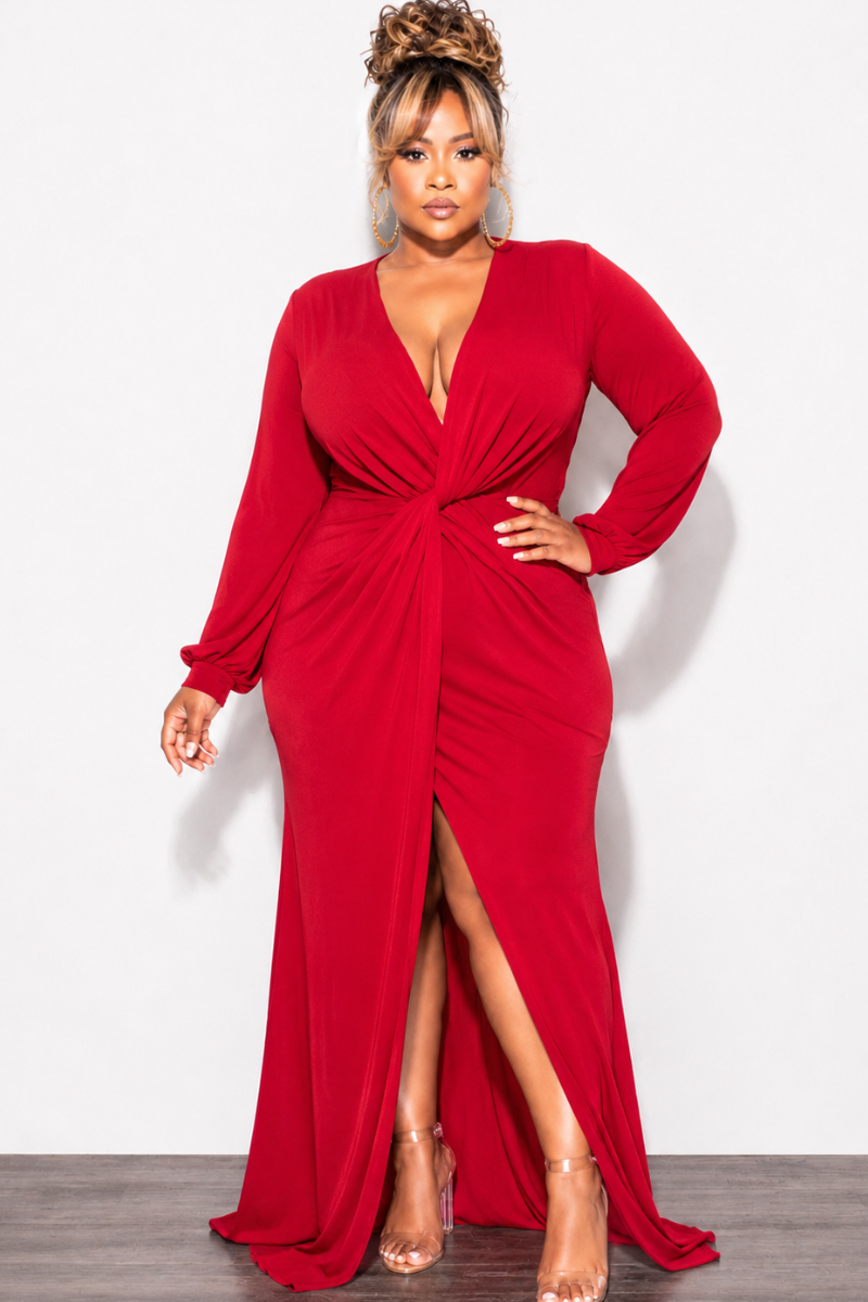 Final Sale Plus Size V-Neck Gown with Twist Front Waist in Red