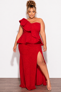 Final Sale Plus Size One Shoulder Layered Ruffle Gown in Red Glitter