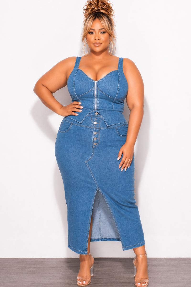 Final Sale Plus Size 2pc Set Tank Top and Skirt In Blue Denim