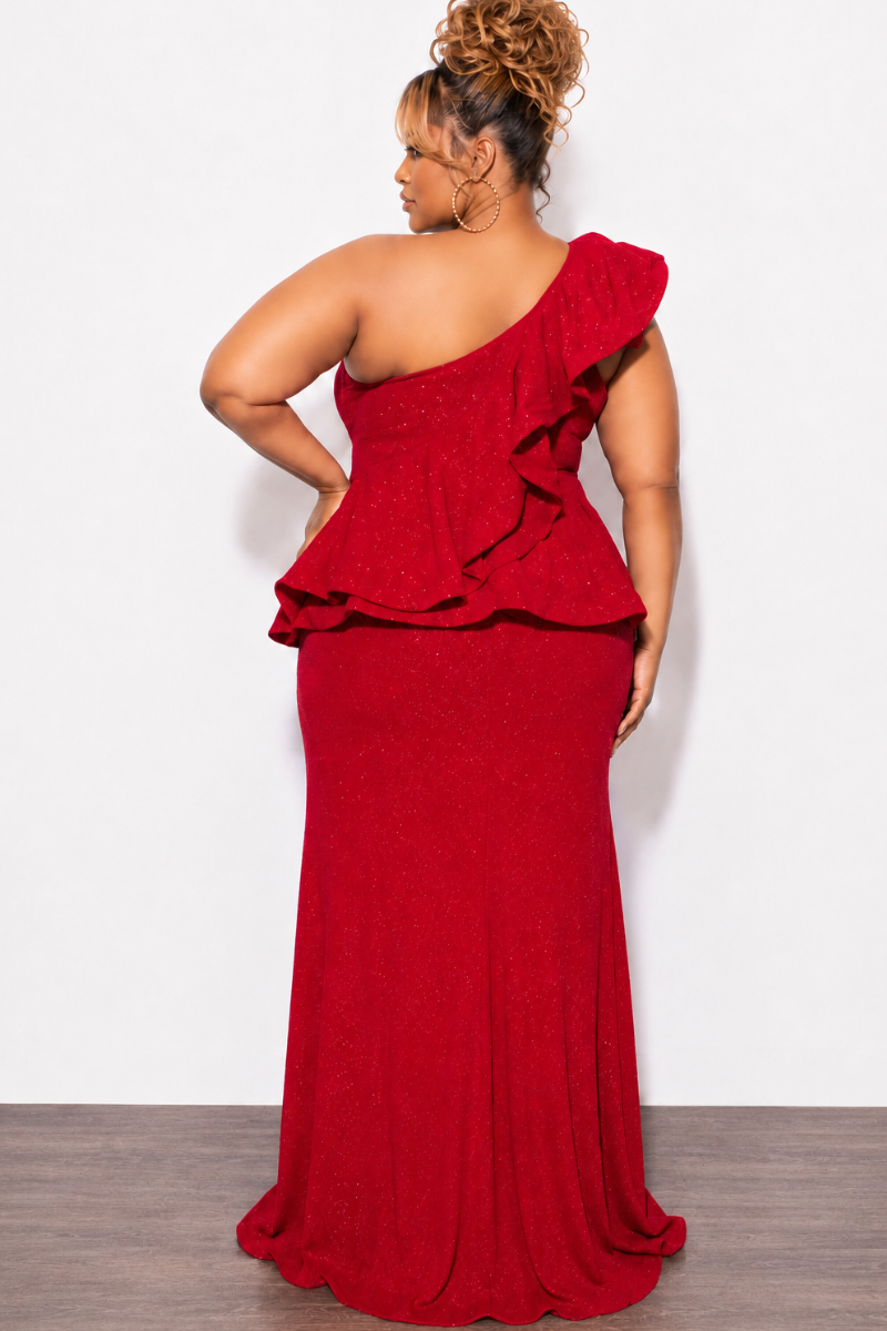 Final Sale Plus Size One Shoulder Layered Ruffle Gown in Red Glitter