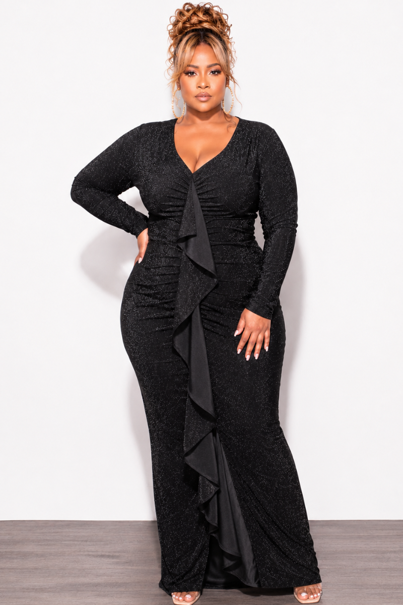 Final Sale Plus Size V-Neck Gown with Ruched Center & Ruffle in Black Glitter Lurex Fabric