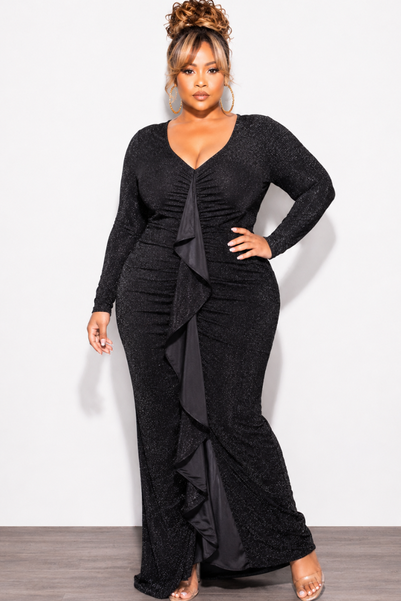 Final Sale Plus Size V-Neck Gown with Ruched Center & Ruffle in Black Glitter Lurex Fabric