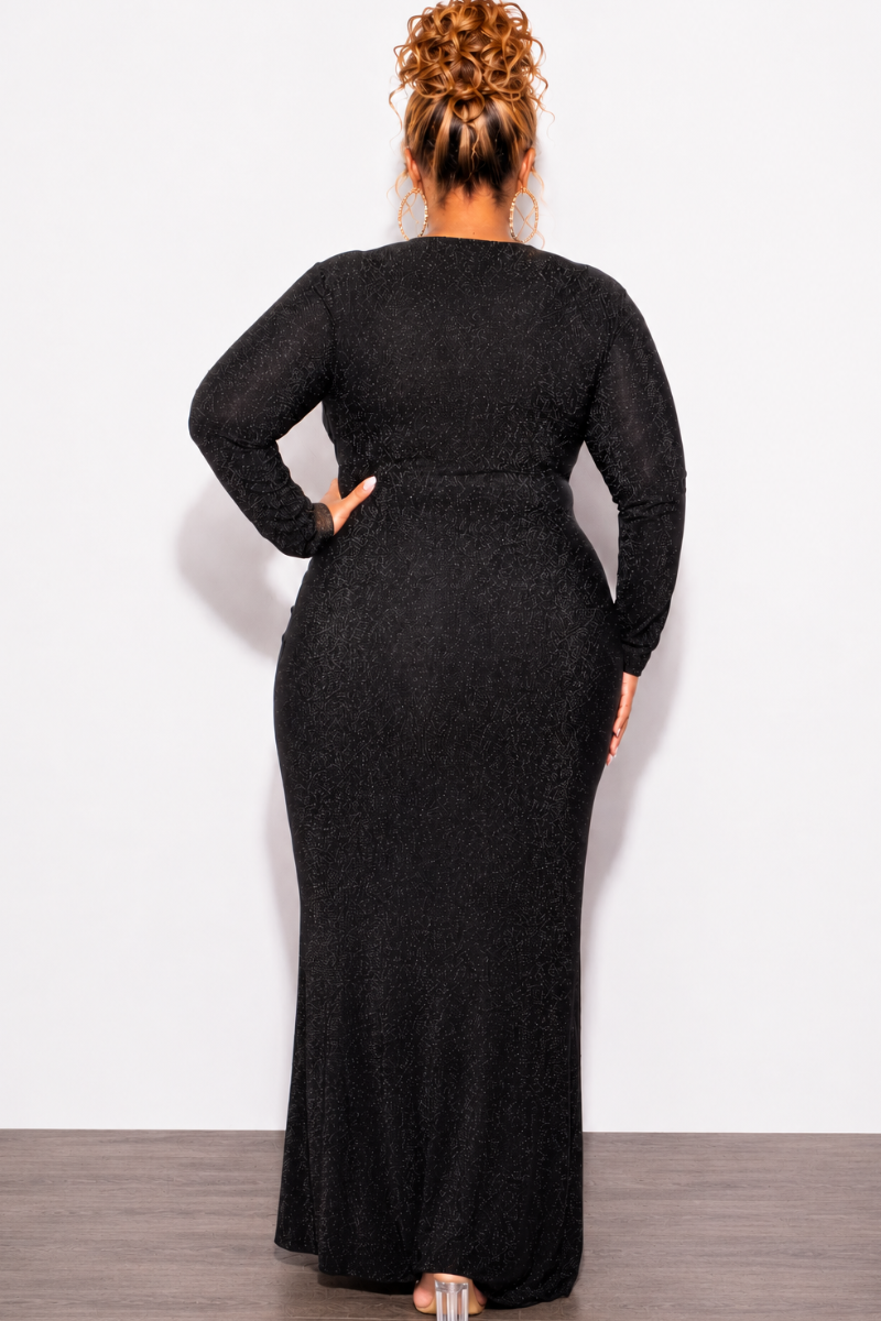 Final Sale Plus Size V-Neck Gown with Ruched Center & Ruffle in Black Glitter Lurex Fabric