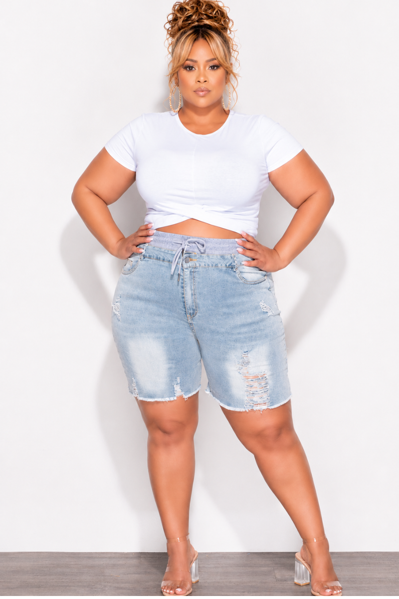 Final Sale Plus Size Double Waist Shorts in Denim and Grey