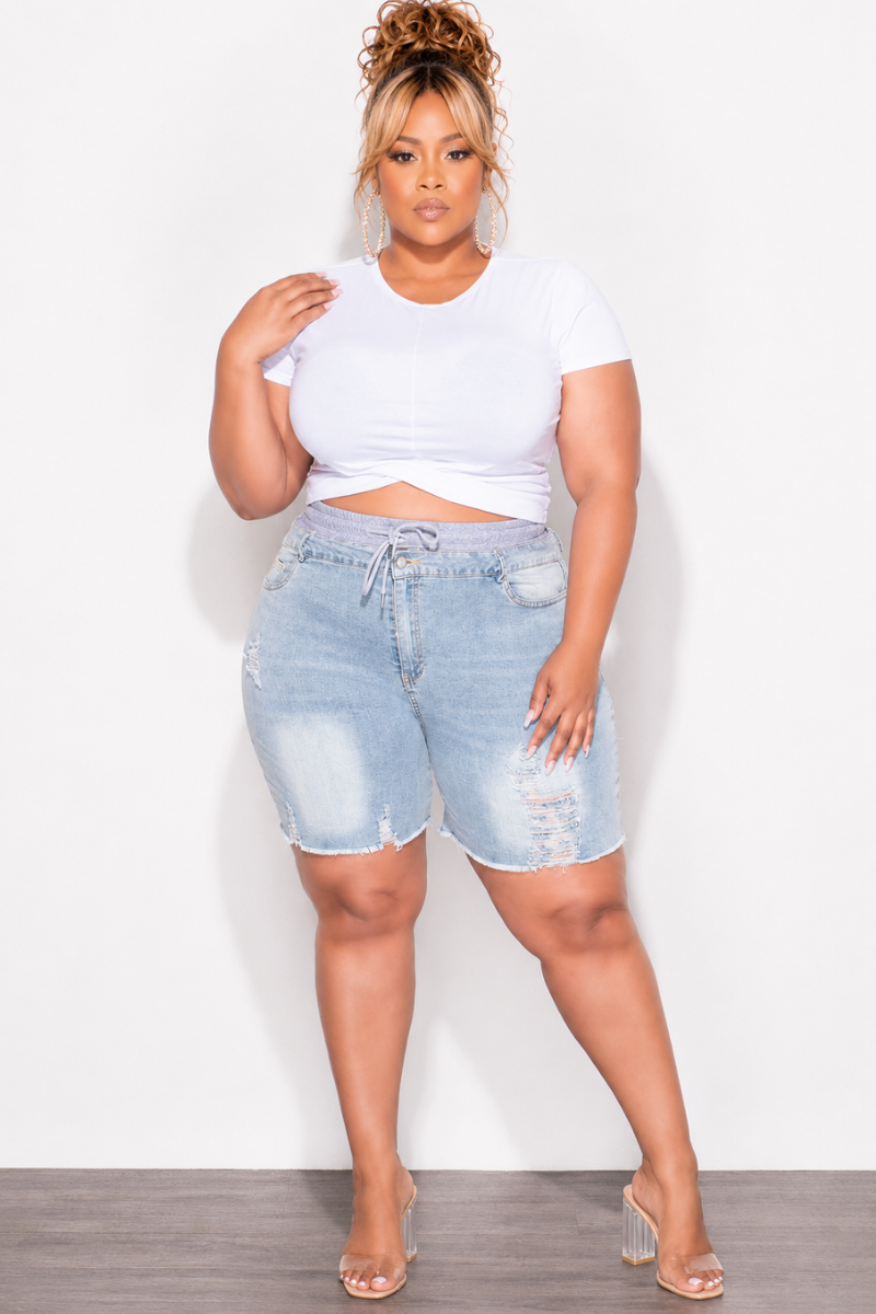 Final Sale Plus Size Double Waist Shorts in Denim and Grey
