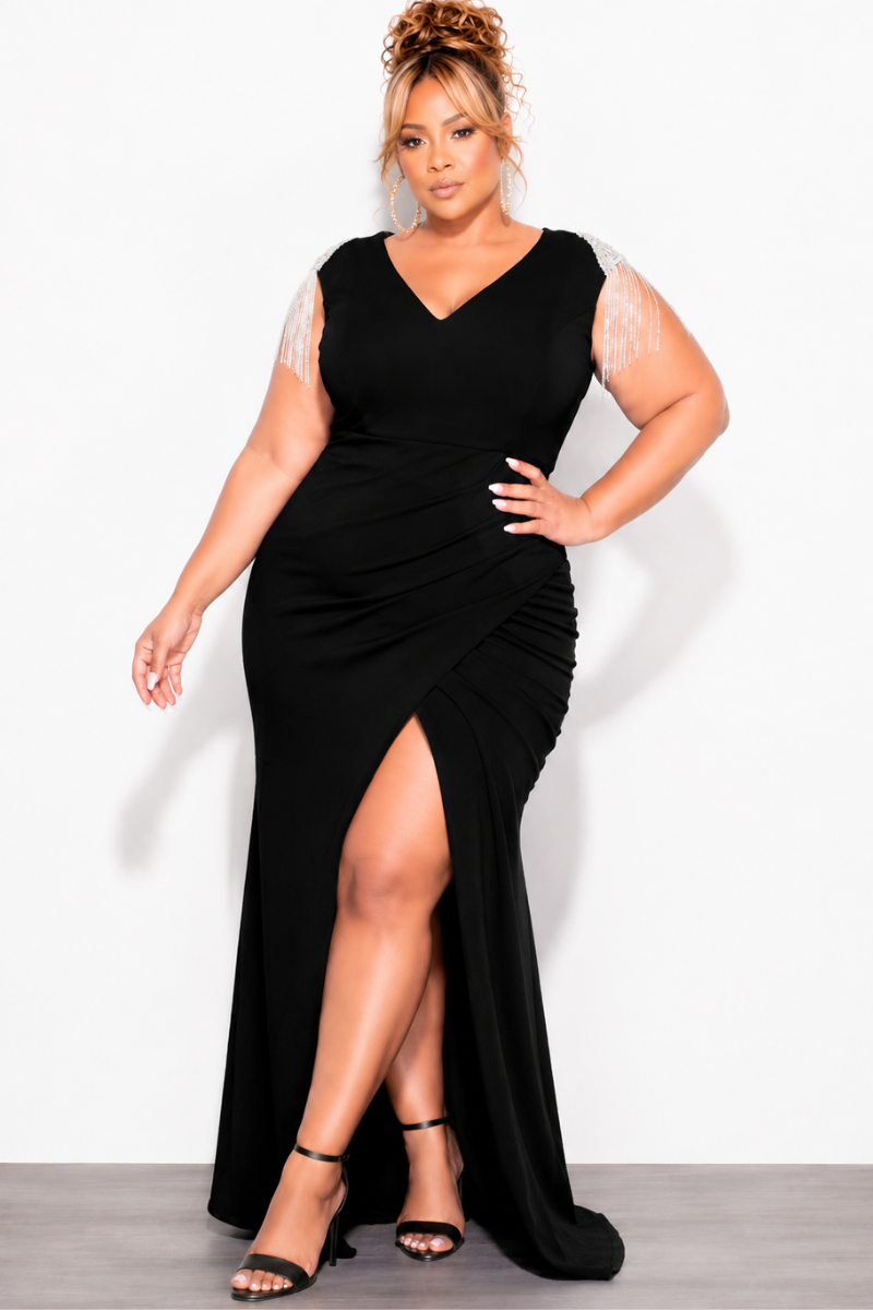 Final Sale Plus Size Deep V Rhinestone Fringe Shoulder With Maxi Dress in Black