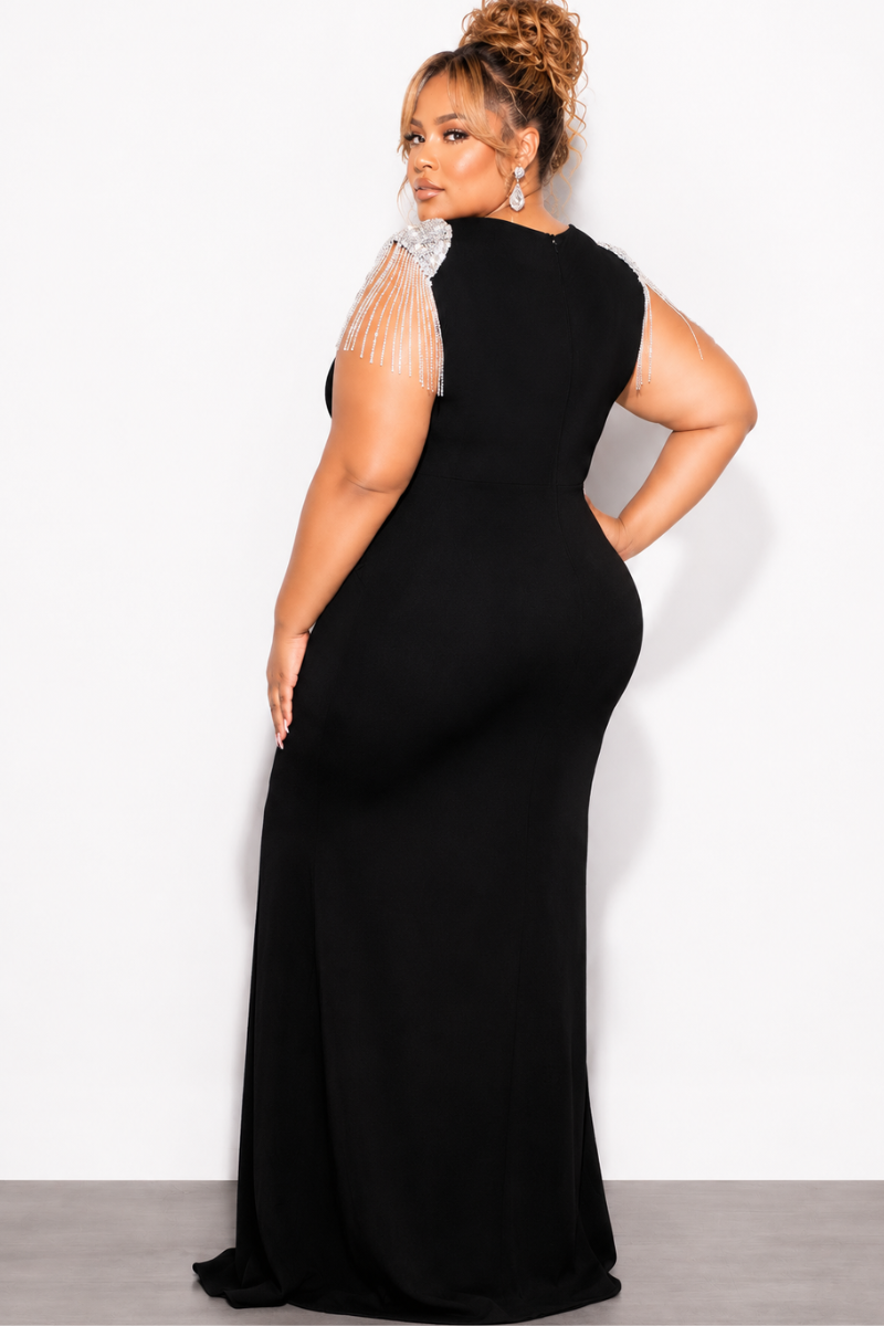 Final Sale Plus Size Deep V Rhinestone Fringe Shoulder With Maxi Dress in Black