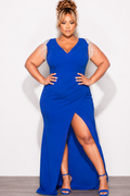 Final Sale Plus Size Deep V  Rhinestone Fringe Shoulder With Maxi Dress in Royal Blue