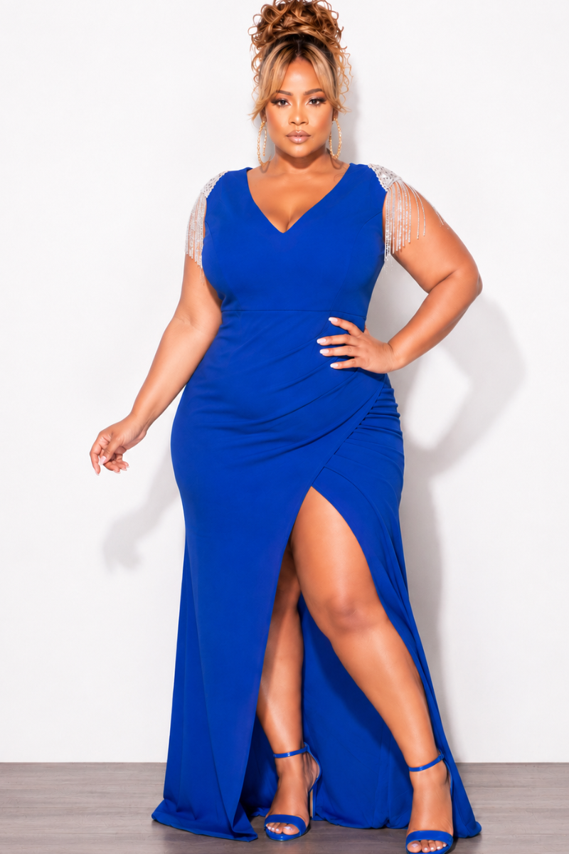 Final Sale Plus Size Deep V  Rhinestone Fringe Shoulder With Maxi Dress in Royal Blue
