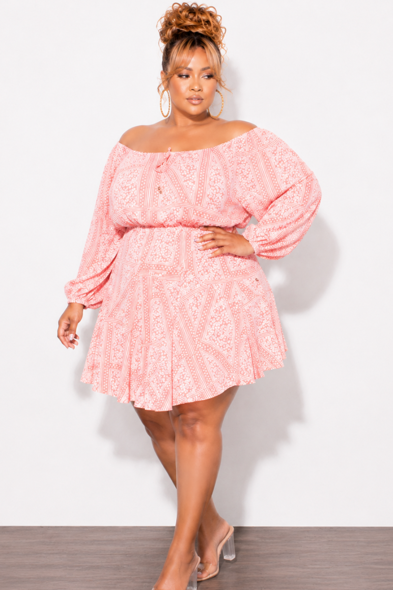 Final Sale Plus Size Off The Shoulder Dress in Coral Pink Print
