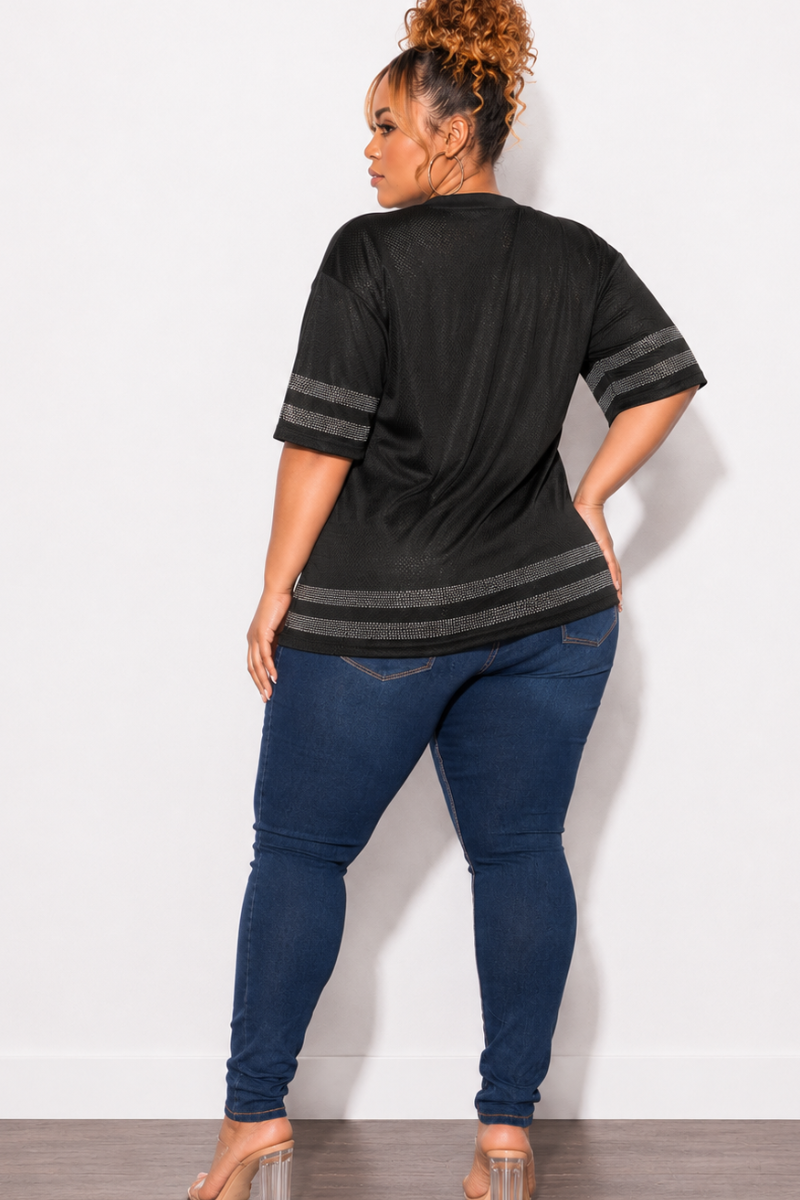 Final Sale Plus Size Rhinestone Jersey in Black (Top Only)