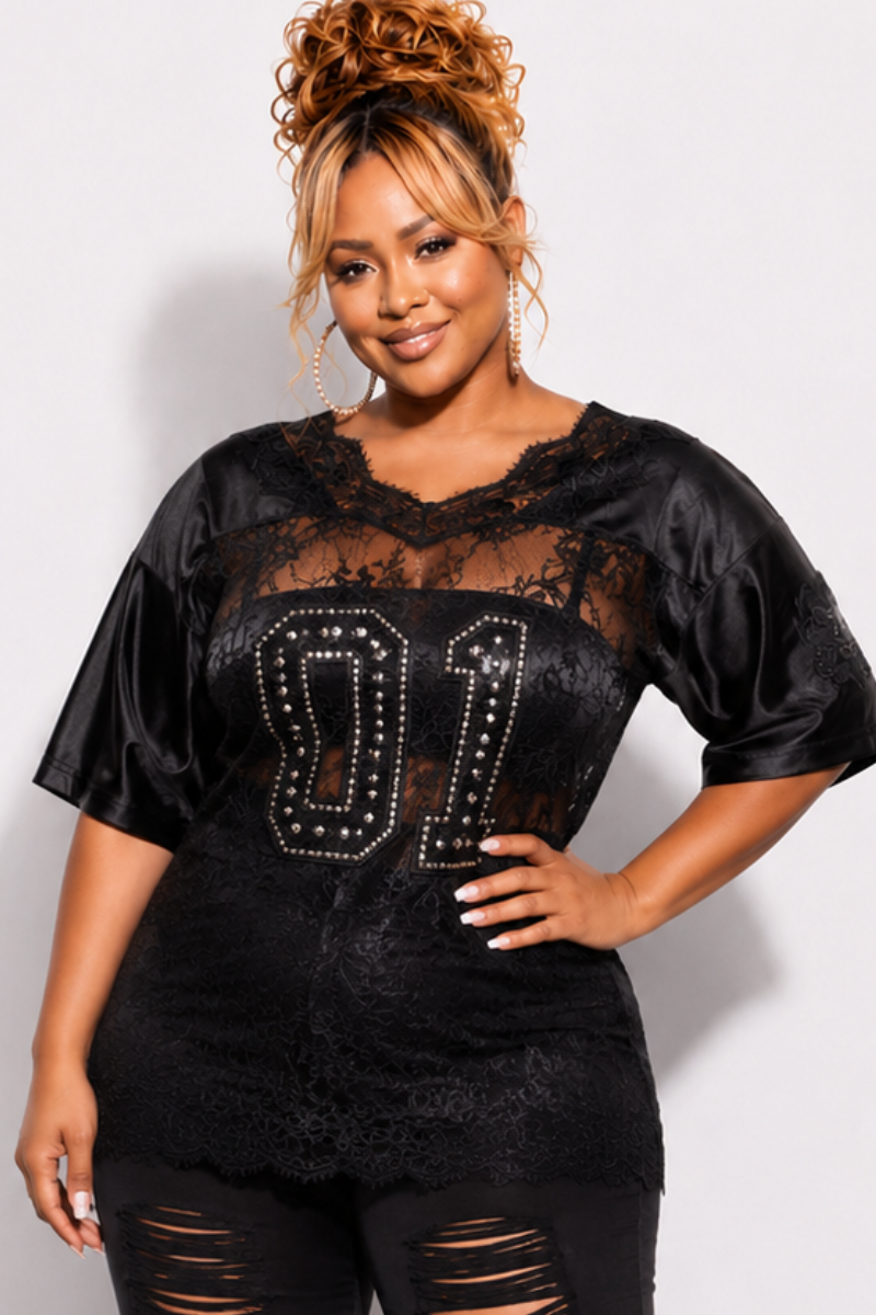 Final Sale Plus Size Lace Stone Jersey in Black (Top Only)