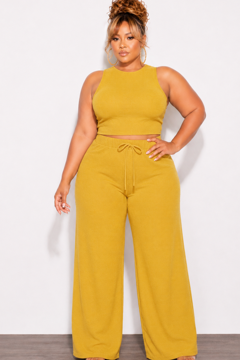 Final Sale Plus Size 2pc Cropped Tank Textured Wide Leg Pant Set in Mustard