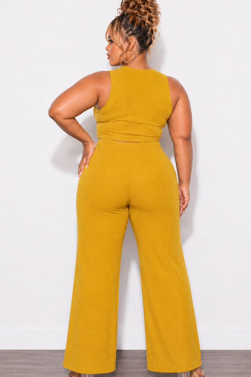 Final Sale Plus Size 2pc Cropped Tank Textured Wide Leg Pant Set in Mustard