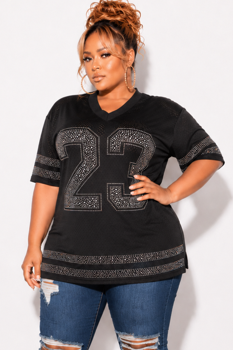 Final Sale Plus Size Rhinestone Jersey in Black (Top Only)