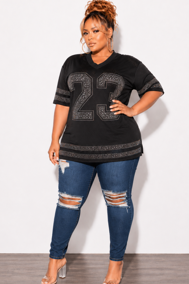 Final Sale Plus Size Rhinestone Jersey in Black (Top Only)