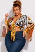 Final Sale Plus Size Sexy Wide Sleeve Chiffon Collar Crop Tie Top in Mixed Print Multi-Color