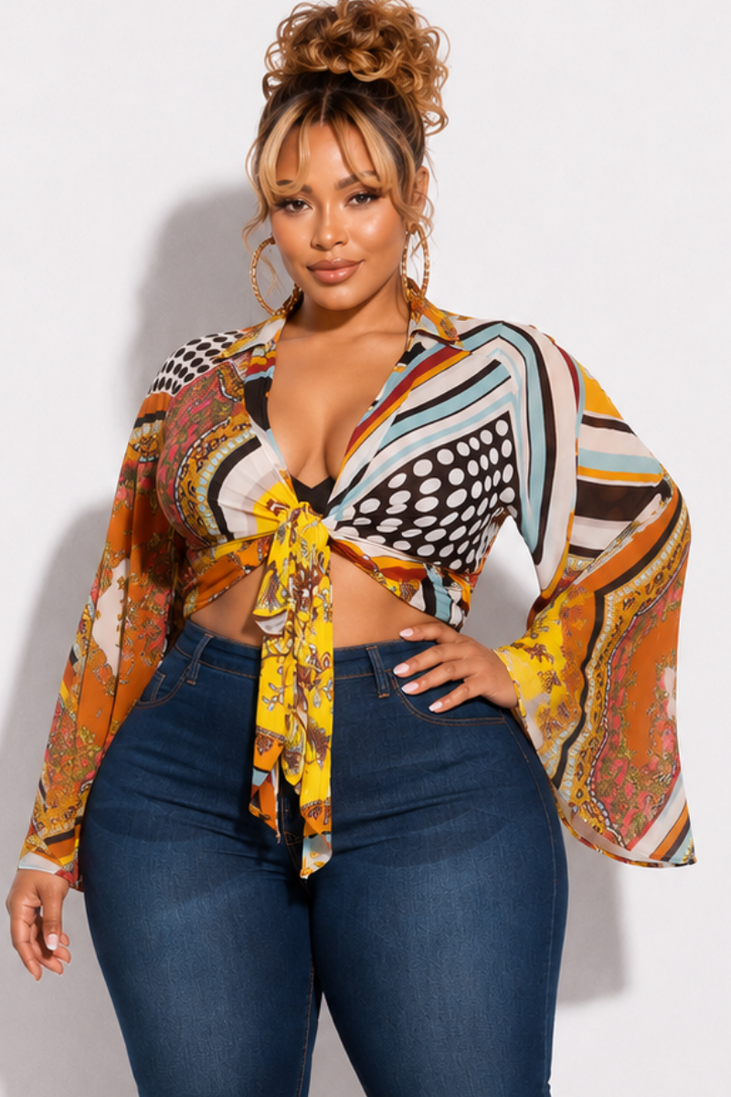 Final Sale Plus Size Sexy Wide Sleeve Chiffon Collar Crop Tie Top in Mixed Print Multi-Color
