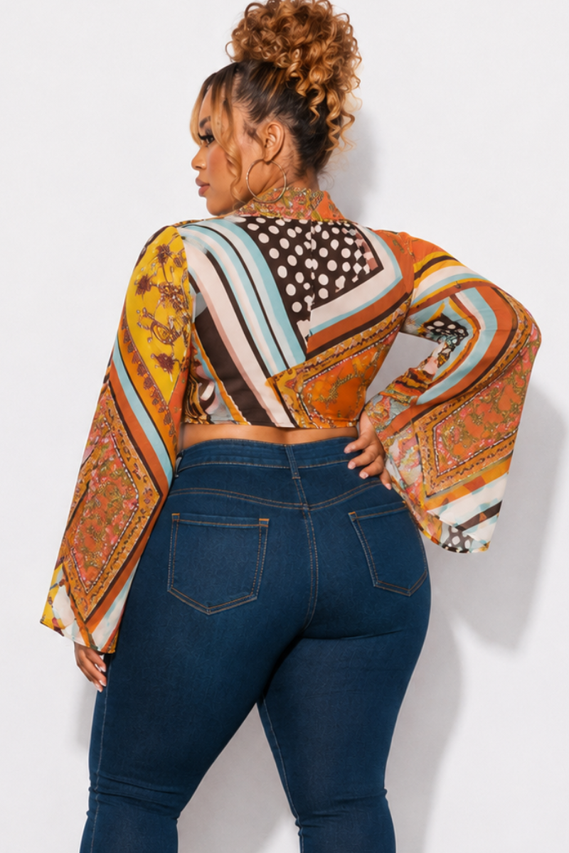 Final Sale Plus Size Sexy Wide Sleeve Chiffon Collar Crop Tie Top in Mixed Print Multi-Color