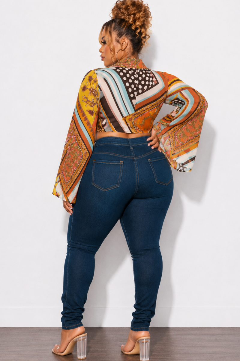 Final Sale Plus Size Sexy Wide Sleeve Chiffon Collar Crop Tie Top in Mixed Print Multi-Color