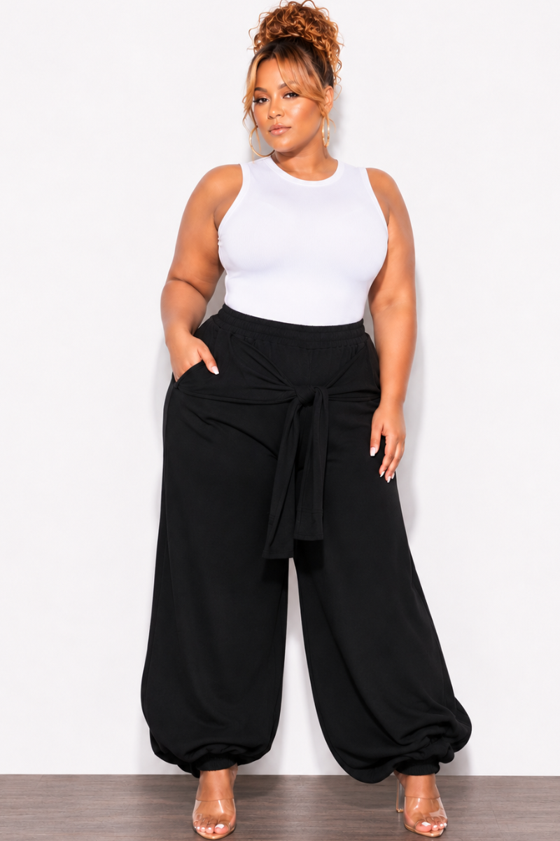 Final Sale Plus Size Jogger Pants with Front Tie in Black