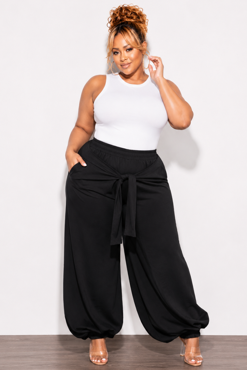 Final Sale Plus Size Jogger Pants with Front Tie in Black