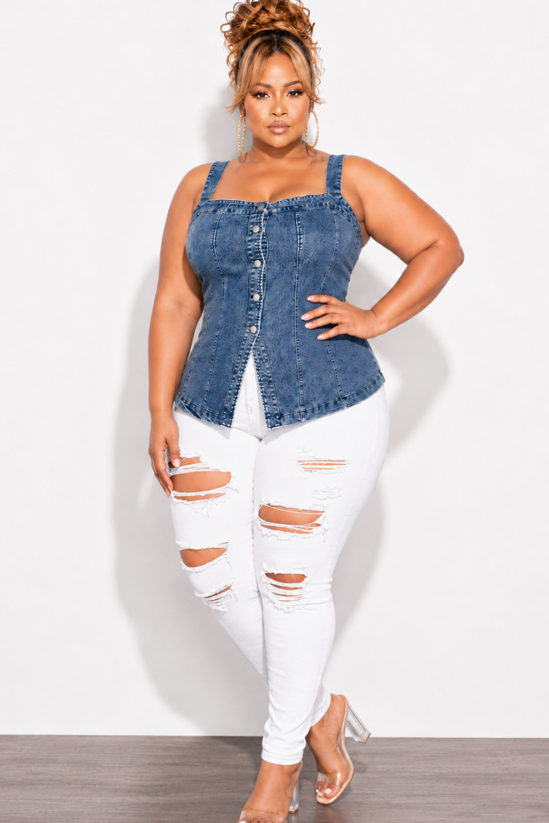 Final Sale Plus Size Tank Peplum Top in Acid Denim