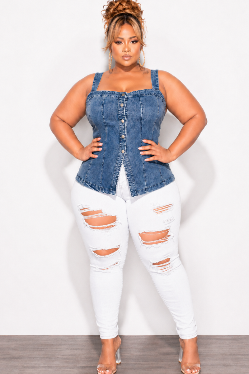 Final Sale Plus Size Tank Peplum Top in Acid Denim