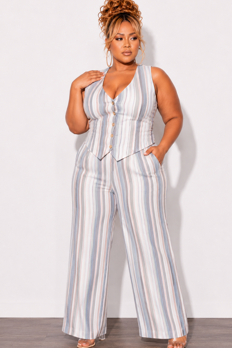 Final Sale Plus Size 2pc Sleeveless Blazer Vest and Pants Linen Set in Cream, Blue & Mauve Stripes (Copy)