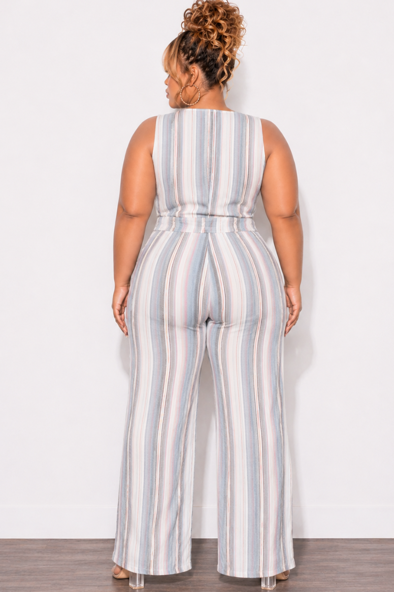 Final Sale Plus Size 2pc Sleeveless Blazer Vest and Pants Linen Set in Cream, Blue & Mauve Stripes (Copy)