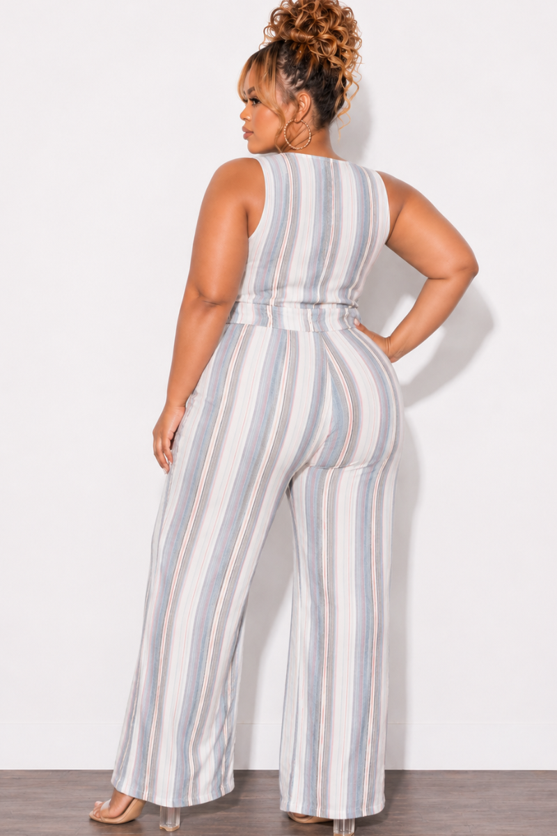 Final Sale Plus Size 2pc Sleeveless Blazer Vest and Pants Linen Set in Cream, Blue & Mauve Stripes (Copy)