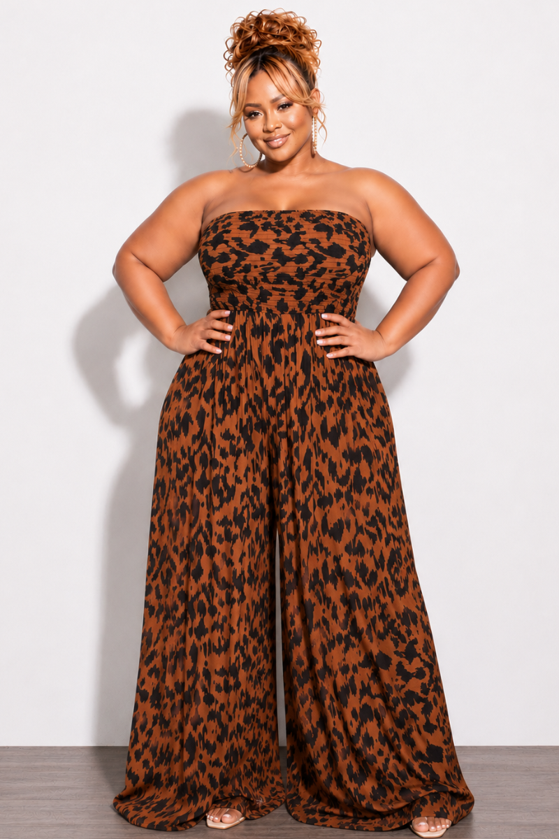 Final Sale Plus Size Strapless Chiffon Jumpsuit in Animal Print