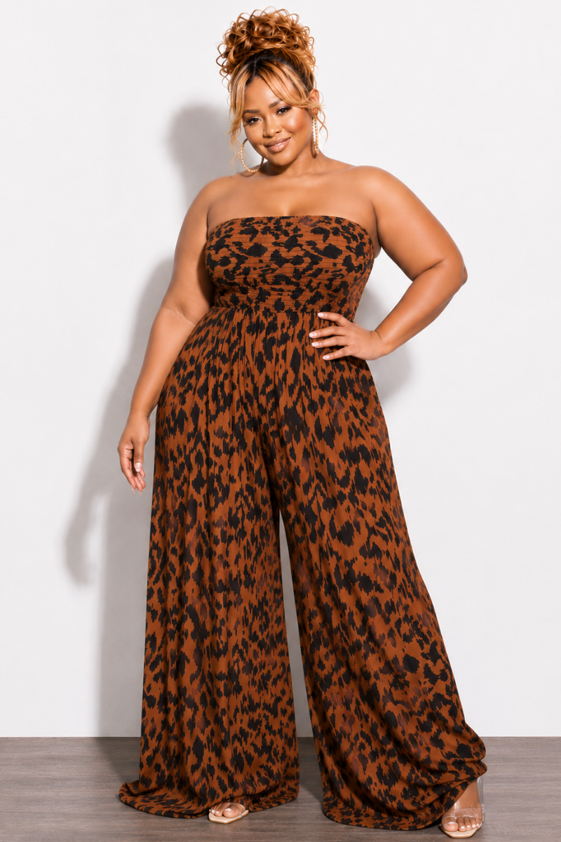 Final Sale Plus Size Strapless Chiffon Jumpsuit in Animal Print
