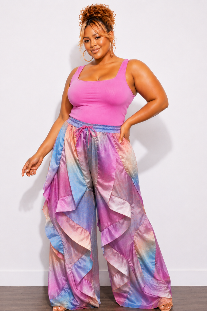 Final Sale Plus Size Wide Leg Drawstring Oversized Windbreaker Wavy Pants in Multi-Water Colors